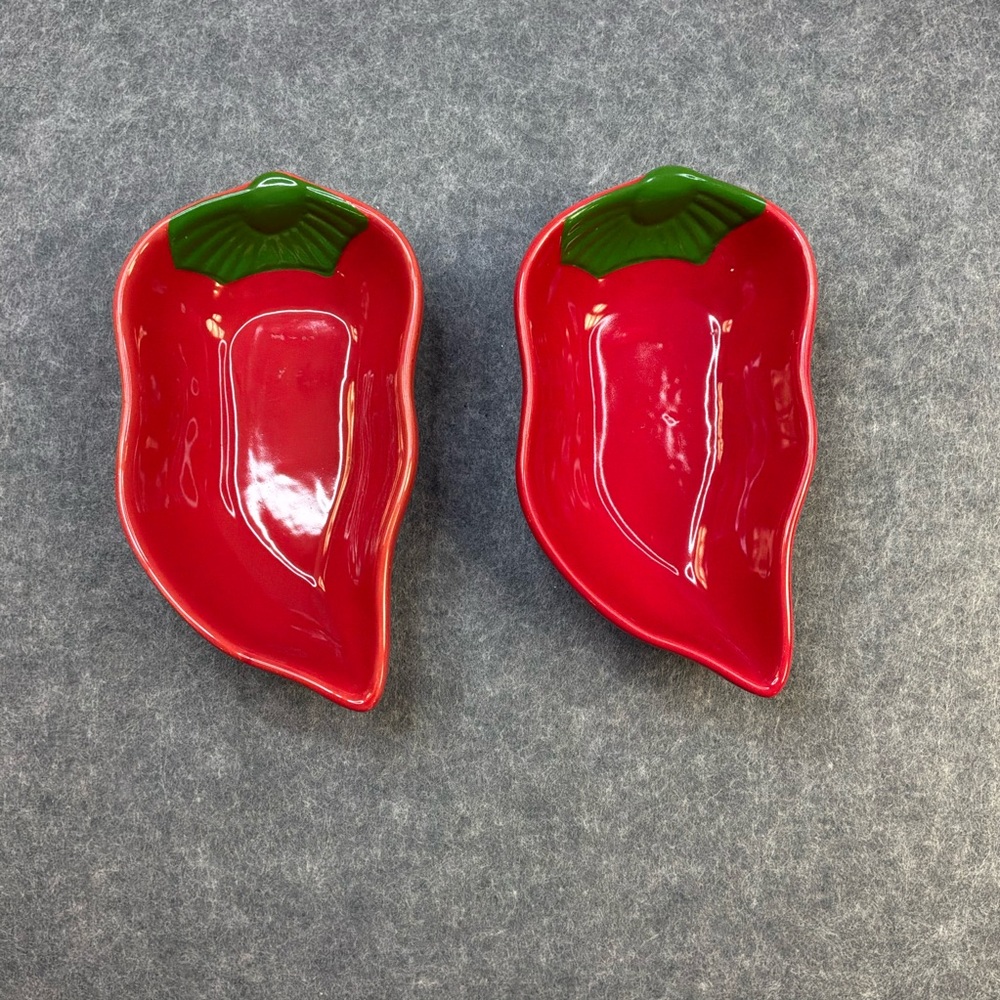 Vintage Set of Two Red Pepper Shaped Ceramic Dishes Hand Painted 90s Kitchen